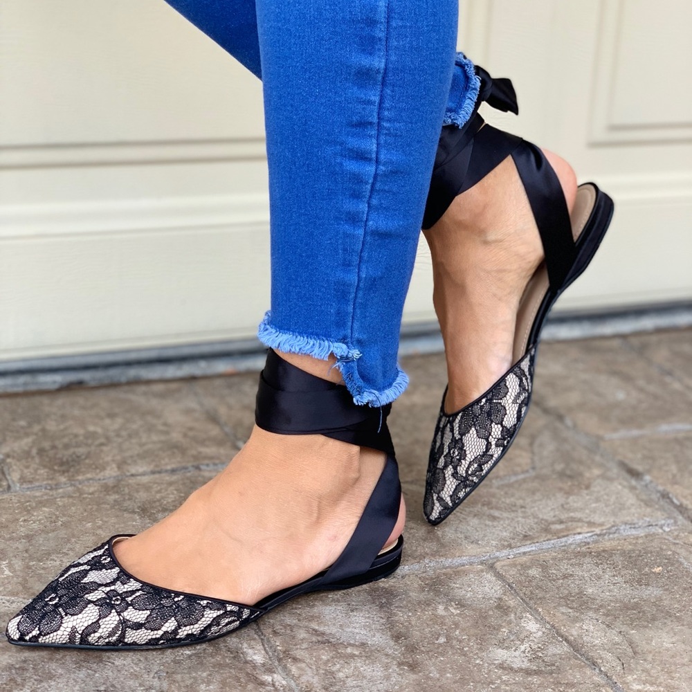 Satin Laces Ankle Wrap Pointed Toe Flats - Picture 4 of 6